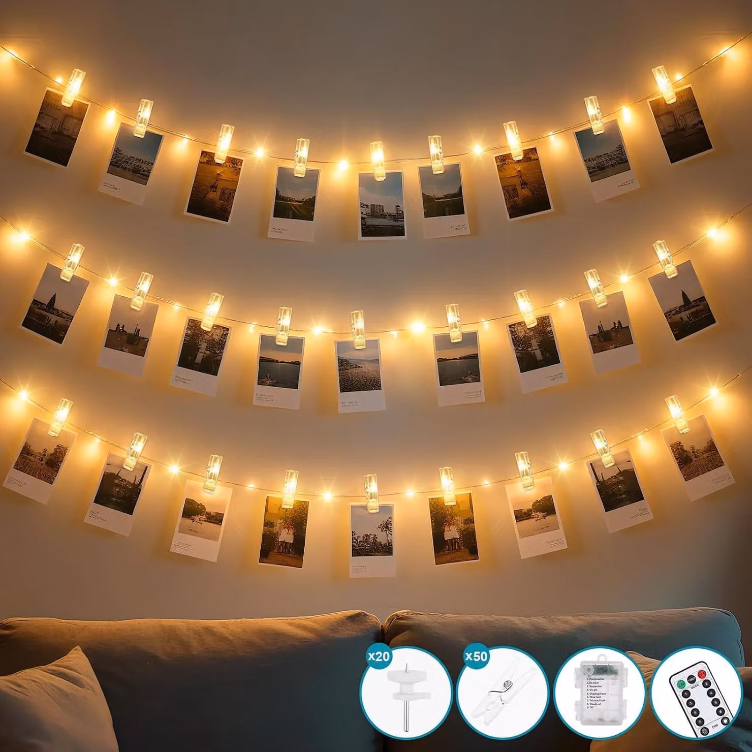 Catena luminosa a LED con clip per foto, lunghezza 10 metri, 100 LED, luce bianco caldo, con telecomando