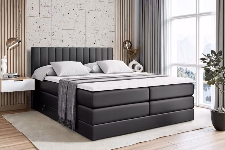 Letto boxspring ALTDECOR con 2 materassi e topper - 140x200 cm - EDITA KING - Pelle finta nera - Letto imbottito con materassi H3 e H4, contenitore e rete a doghe, letto con spazio contenitivo