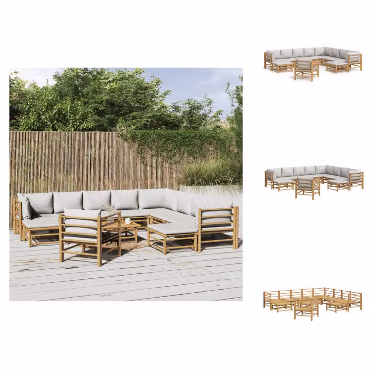 vidaXL Set di 12 pezzi per salotto da giardino con cuscini in bambù grigio chiaro - Set di mobili da giardino