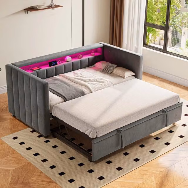 Divano Letto Multifunzione ¨C MINIMAL ¨C Velluto Grigio, LED, USB, Contenitore, 90x190