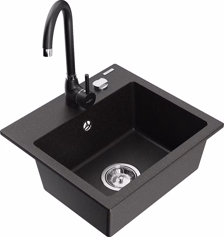 Mexen Milo lavello in granito 1 vasca con rubinetto da cucina Telma, nero/oro - 6505-75-670200-70