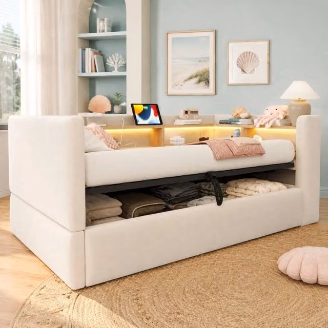 Divano letto ULEVR 90x190 cm con vano contenitore idraulico, LED, prese e vani portaoggetti, beige