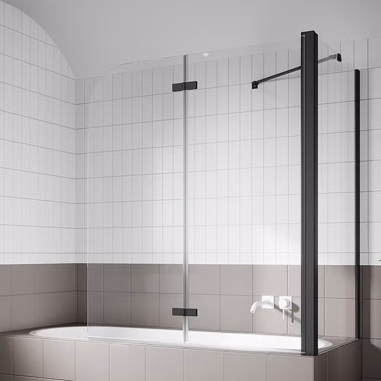SONNI Schermo da bagno pieghevole largo 120 cm Schermo da bagno pieghevole in 2 pezzi, nero, vetro di sicurezza temperato NANO con rivestimento nano, per bagni
