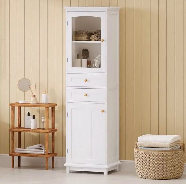 Colonna bagno MODFU in MDF bianco con ante in vetro e maniglie oro L/P/H: 45 x 36 x 160 cm