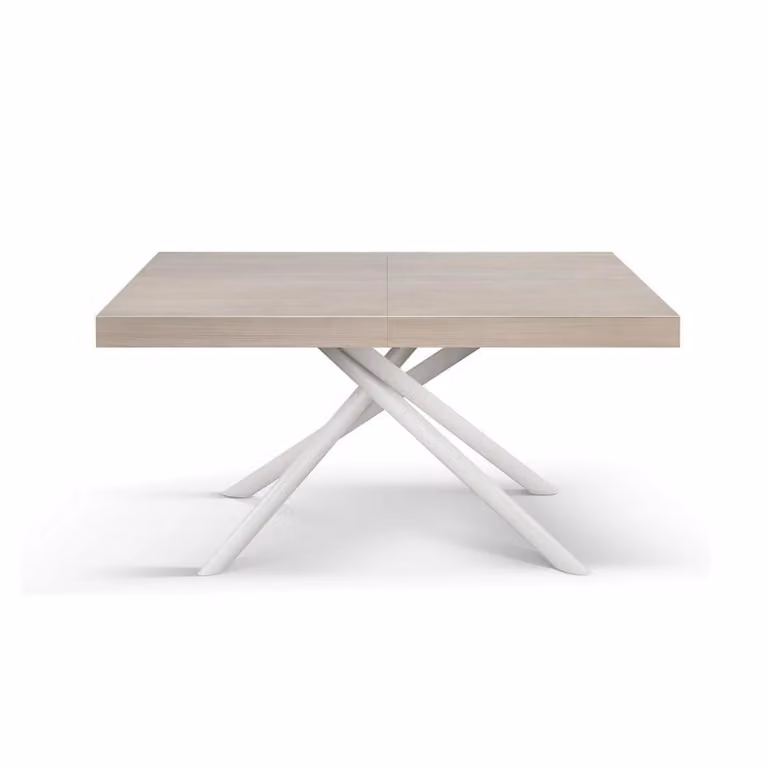 Tavolo CARRARA in legno, finitura olmo perla e base in metallo verniciato bianco, allungabile 160×90 cm – 240×90 cm