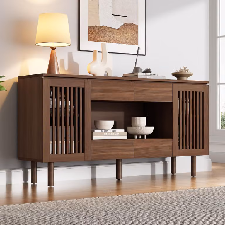 Mobile contenitore STILVORA con 4 cassetti e 2 ante a listelli, mobiletto con 5 gambe in legno massello, armadio contenitore in MDF, finitura noce