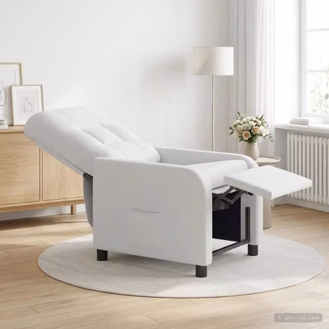 Poltrona reclinabile relax in tessuto bianco con braccioli e struttura moderna per soggiorno o ufficio
