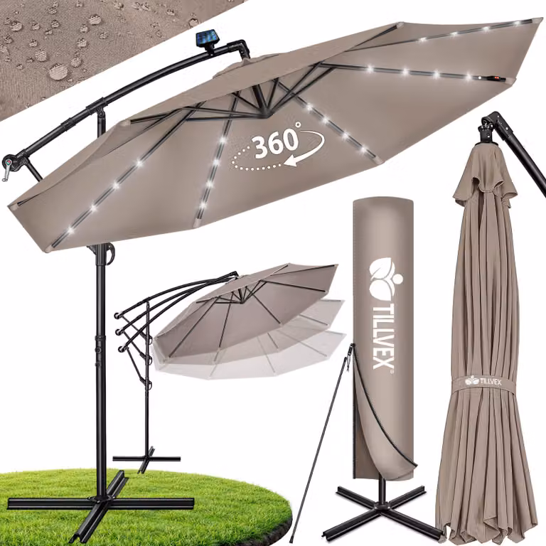 tillvex Ombrellone a braccio articolato in alluminio Cappuccino LED solare Ø 300 cm con manovella | Ombrellone con interruttore on/off | Ombrellone da giardino in alluminio con protezione UV | Ombrellone a manovella con base, ombrellone da mercato imperme
