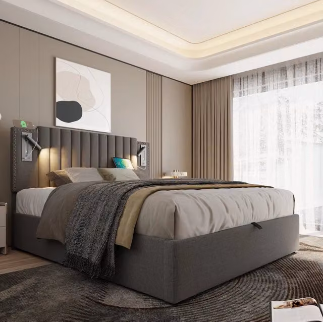 Letto matrimoniale contenitore 140x200 cm; testiera regolabile con luce lettura USB; cotone grigio (Senza materasso)