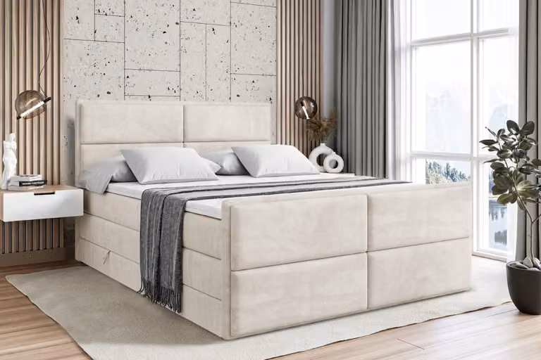 Letto boxspring ALTDECOR con pediera, 2 materassi e topper - 120x200 cm - AURA-Z KING - velluto color crema - Letto imbottito con materassi H3 e H4, contenitore e rete a doghe, letto con contenitore