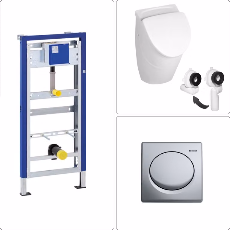 Orinatoio in Vetroceramica VILLEROY & BOCH O.NOVO con coperchio, telaio pre-murale GEBERIT e piastra di risciacquo, cromo opaco