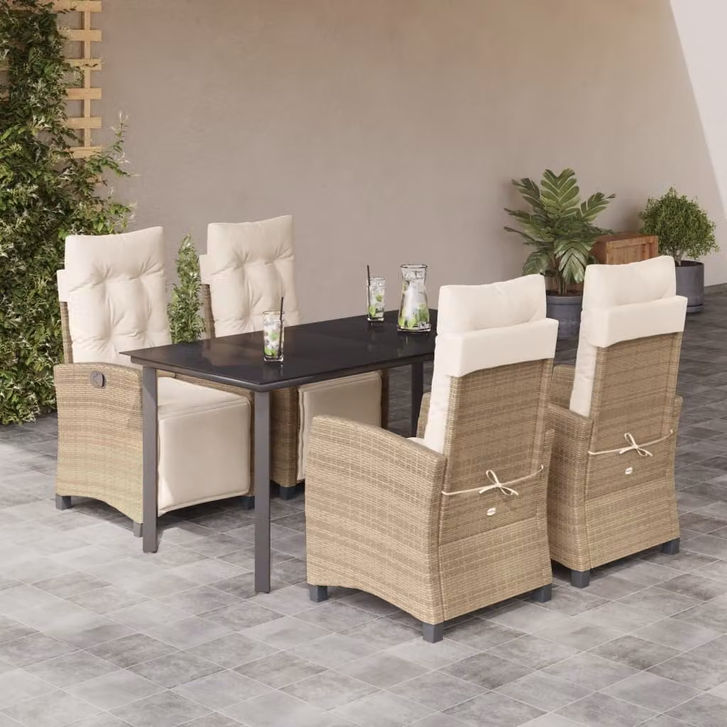 Set da Pranzo da Giardino vidaXL in Polyrattan con Cuscini Beige e Tavolo in Vetro – 1