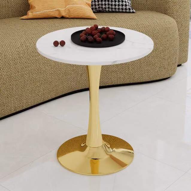 Tavolino rotondo moderno in marmo artificiale oro e bianco