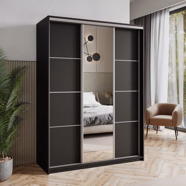 Armadio scorrevole Masseno VARO 150/205/60 cm Armadio con cassetti Armadio per camera da letto a 3 ante con specchio Nero + raso