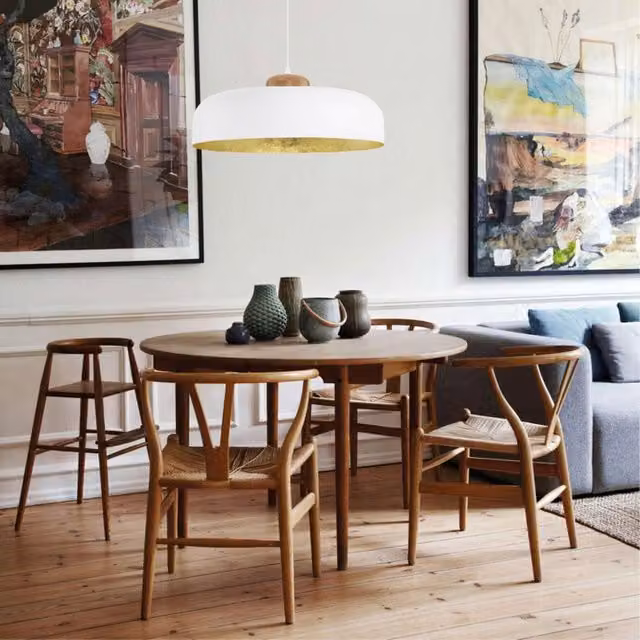 Lampadario a sospensione Natura Bois LUMICOM in legno e metallo bianco con paralume in tessuto a cupola, attacco E27, Ø 40 cm