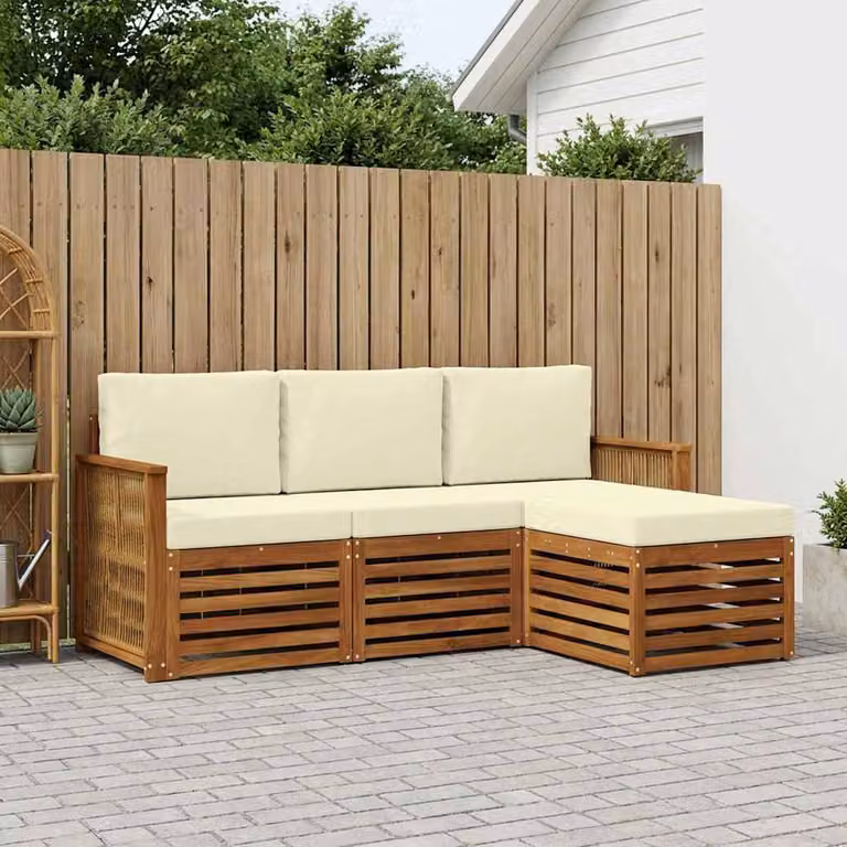 vidaXL Set di divani da esterno a L in legno di acacia con pouf e cuscini, Colore Naturale, Beige e Marrone