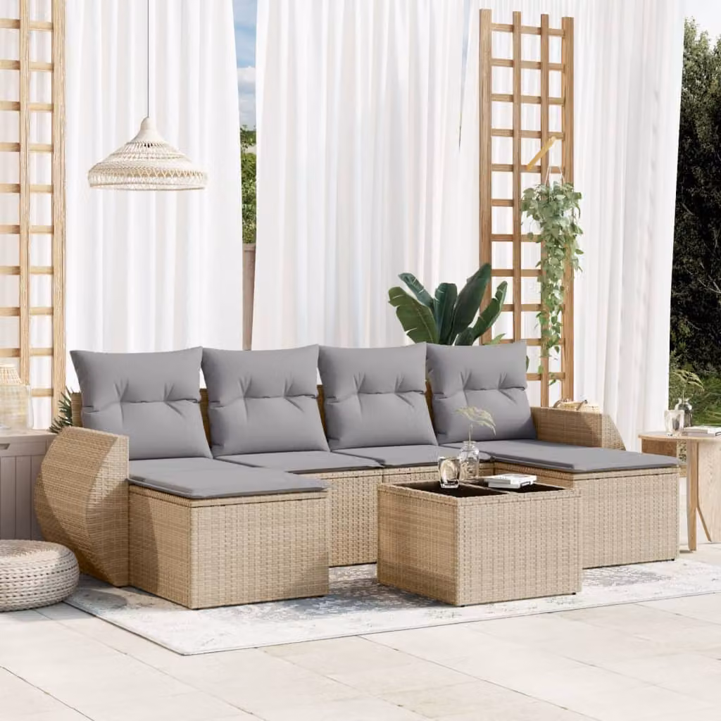 vidaXL Set Divani da Giardino 7 pz a Forma a L con Cuscini Beige e Tavolino da Caffè in Polyrattan e Metallo – 1