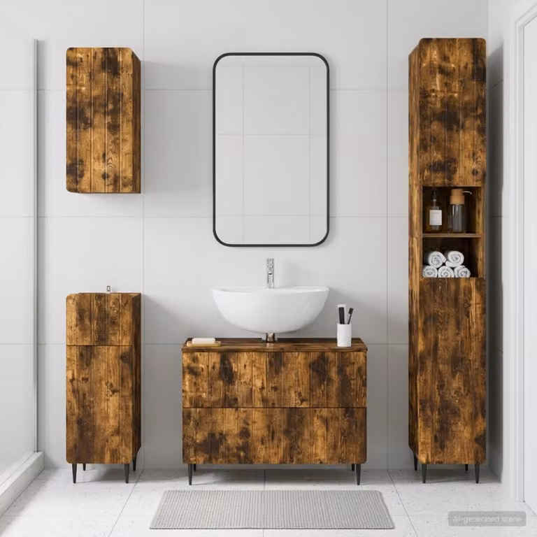 Set di mobili da bagno moderno vidaXL ZWOLLE in 4 pezzi, colore Rovere Fumo marrone con vanità e pensili a muro
