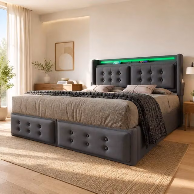 Letto 140x200 con LED; USB-C; 4 cassetti; tessuto cotone-lino; grigio