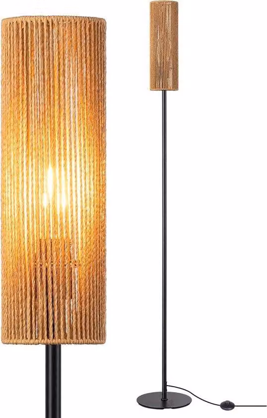 Lampada da terra a LED da 165 cm con paralume in rattan, attacco E27, telecomando, zona salotto.