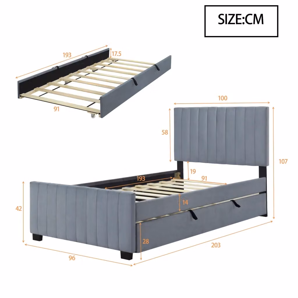 Letto Imbottito REDOM con Letto Estrattibile in Velluto Grigio L/P/H: 90 x 190 x 107 cm – 2