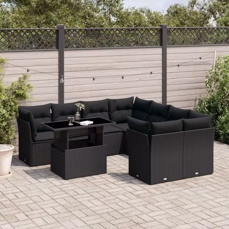 Maison Exclusive - Set Divani da Giardino 9 pz con Cuscini Nero in Polyrattan