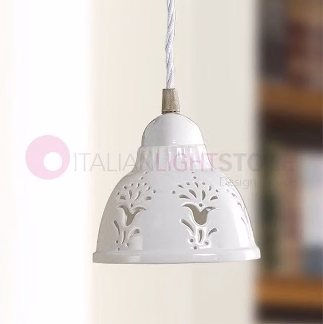 Lampada a sospensione MASSERIA di Ceramiche Borso in ceramica bianca e ottone, stile rustico country, diametro 13 cm – 1