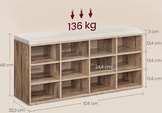 Panca porta scarpe Gran Vida in legno con 12 scomparti e cuscino in tessuto, L: 104 cm, P: 30,3 cm, H: 48 cm