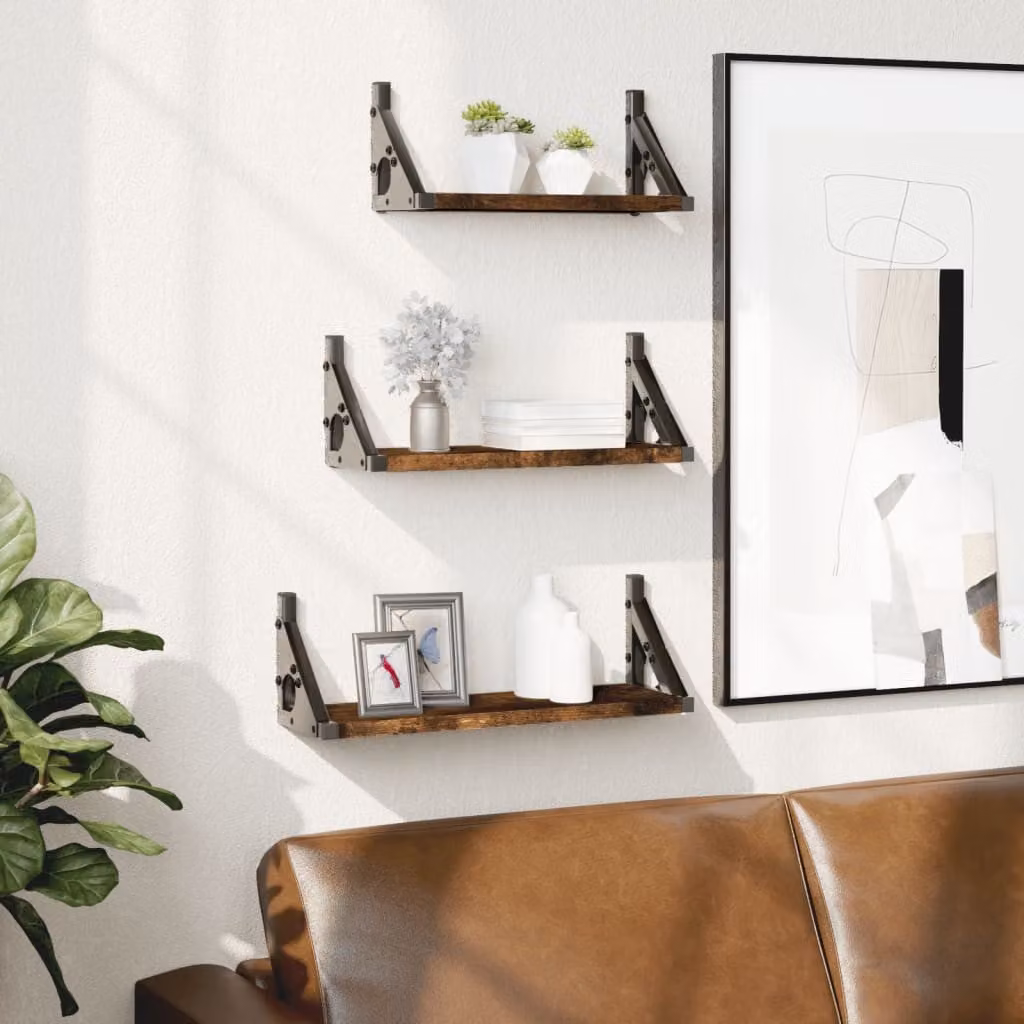 Set di 3 mensole da parete vidaXL in legno e metallo stile industrial, colore Rovere Fumo, L: 30 cm, P: 12 cm, H: 13 cm