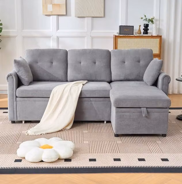 Divano angolare con contenitore e funzione letto, rivestimento in ciniglia grigia, chaise longue montabile a sinistra o destra, adatto per soggiorno e camera ospiti