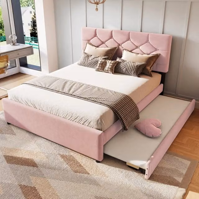 Letto matrimoniale imbottito 140x200cm con listelli e contenitore a rotelle in rosa