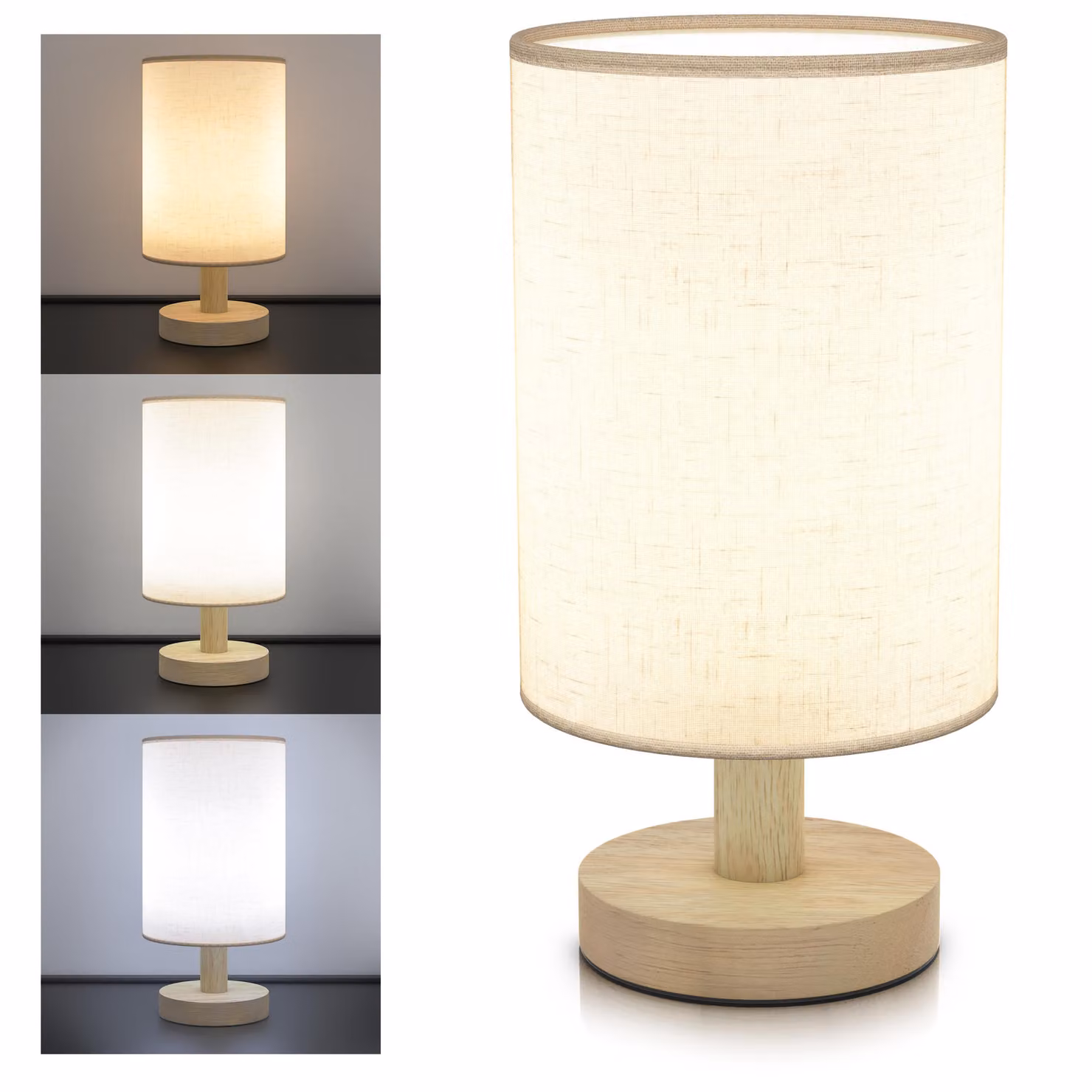BEARWARE Lampada da comodino a LED con paralume in tessuto, lampada da comodino, luce notturna, rotonda, a risparmio energetico, funzione luce notturna, bianco caldo, bianco neutro, bianco freddo, 3 modalità di illuminazione