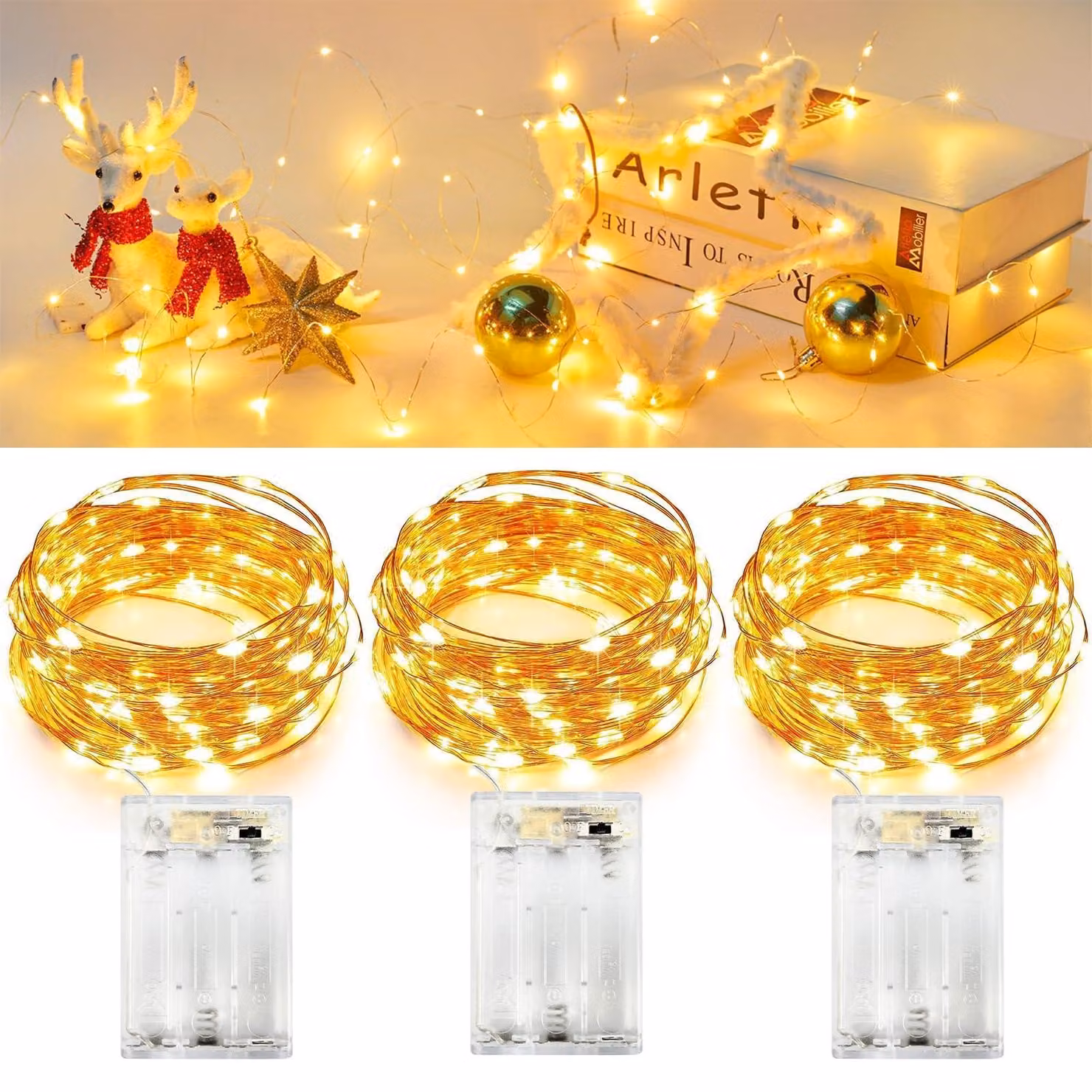 Set di 3 catene luminose, lunghezza 5 metri, 50 LED, luce bianco caldo, con timer, per uso interno