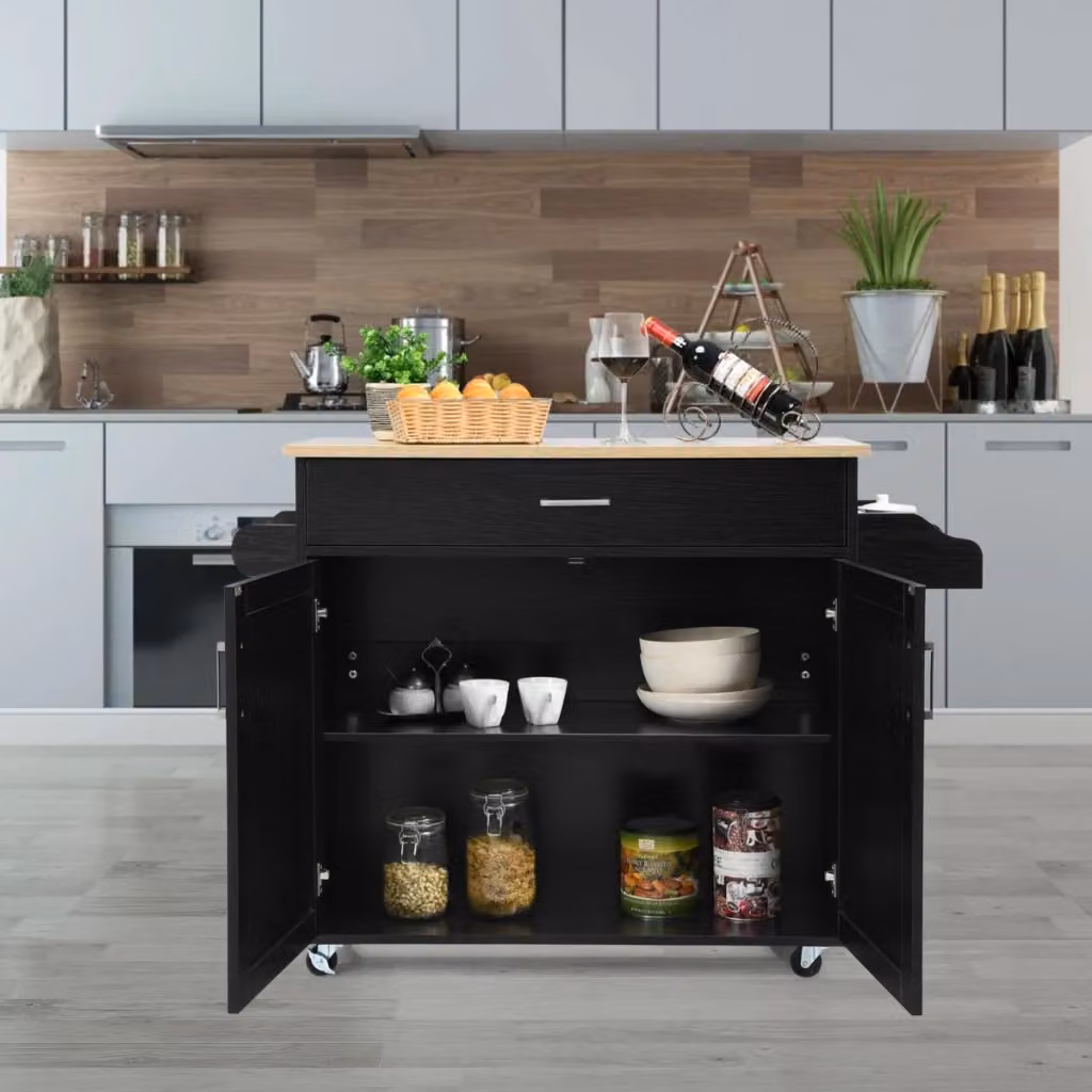 Isola da cucina con mensola regolabile Design Mania, carrello moderno in nero con ruote in gomma, L: 116 cm, P: 40 cm, H: 85 cm – 2