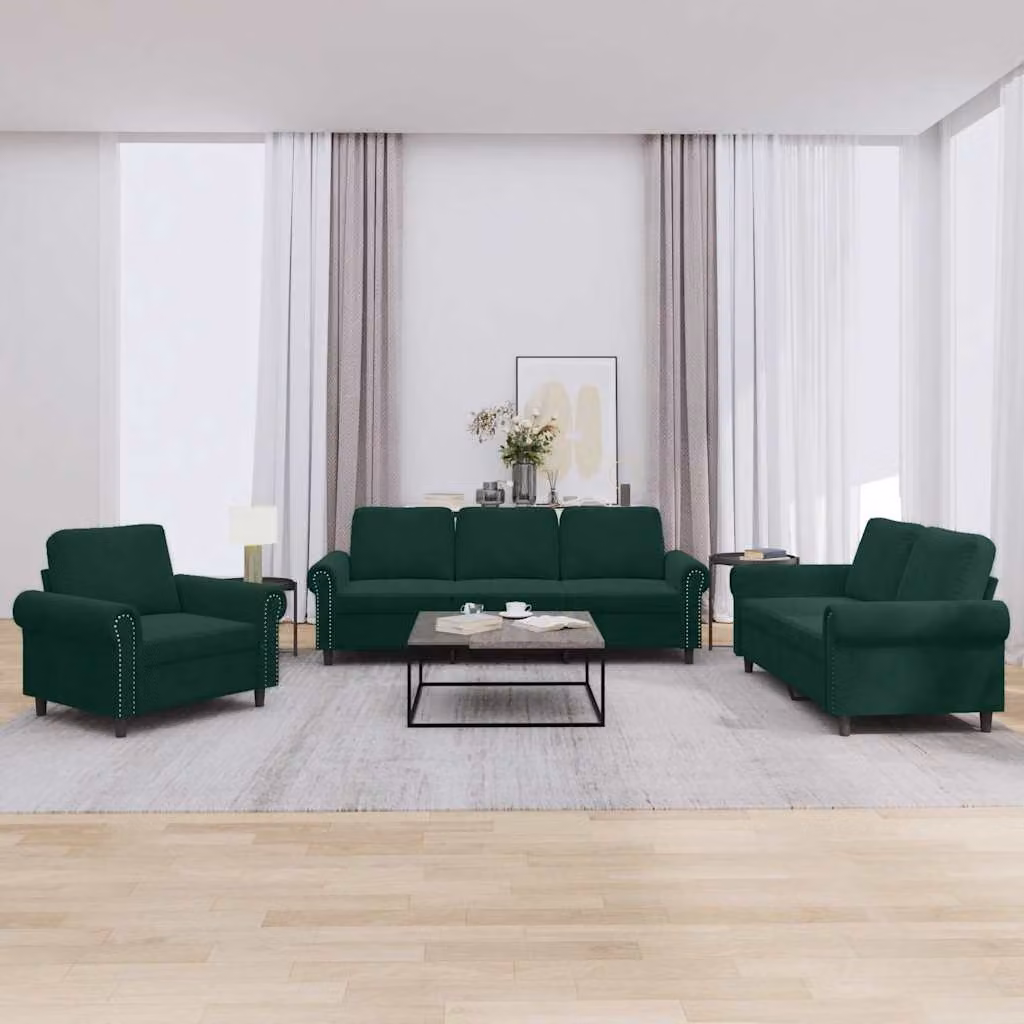 Set di divani 3 pezzi vidaXL in velluto verde con cuscini per soggiorno moderno – 1