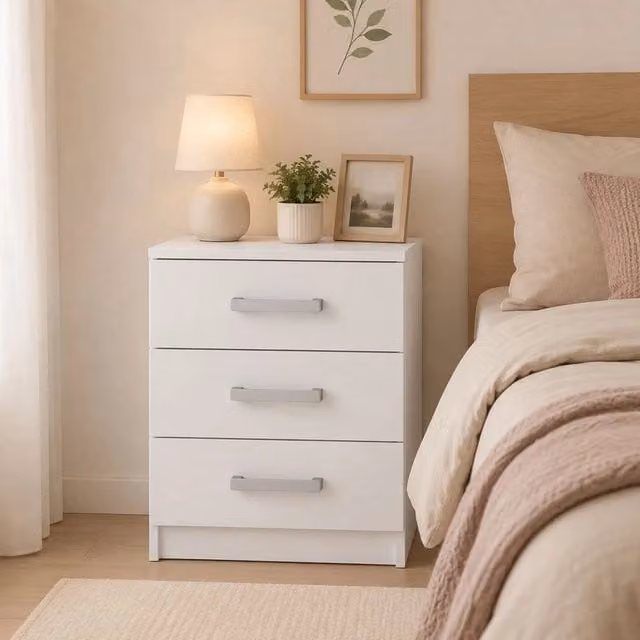 Comodino Lebale con 3 Cassetti Bianco Moderno L: 46 cm, P: 43 cm, H: 59 cm