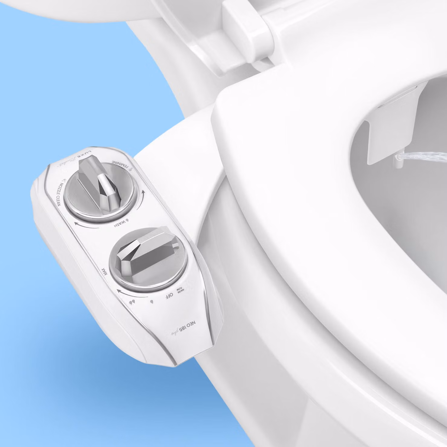 Copriwater per bidet con sistema di apertura e chiusura facilitato, due getti e finitura cromata