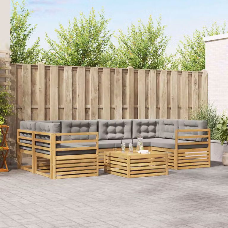 Set di divani da esterno vidaXL 7 pz in legno di acacia con cuscini, Bianco, Grigio e Marrone
