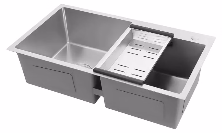Lavello da cucina - Doppia vasca in acciaio inossidabile - Rivestimento nano-tecnologico - Da incasso/da appoggio - 76 cm - Due fori per rubinetteria - Senza miscelatore - Argento