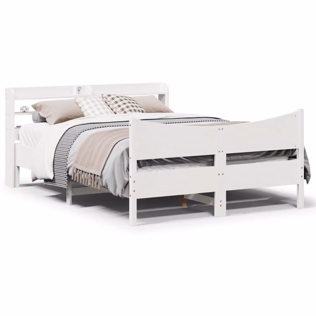 vidaXL Letto in Legno di Pino Massello Bianco con Doghe e Ripiani Laterali 140 x 200 cm