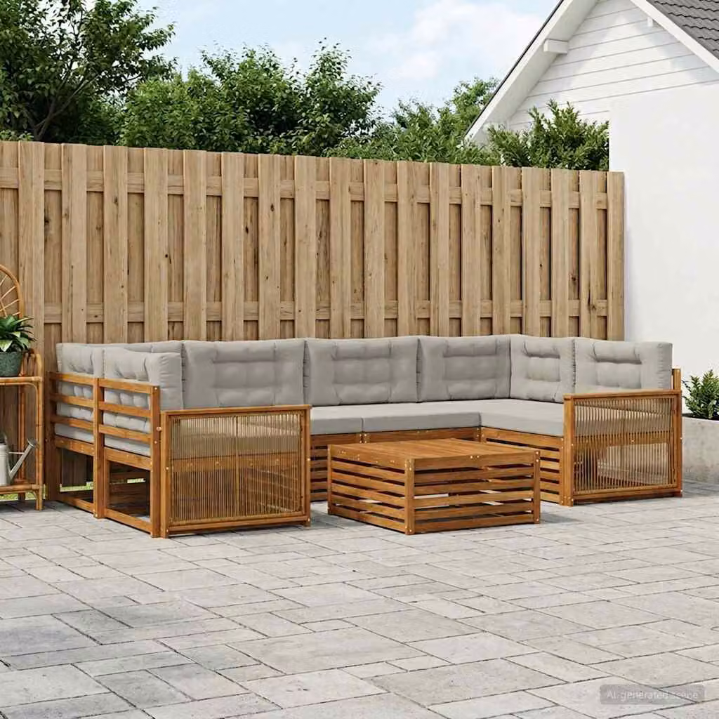 vidaXL Set di divani da esterno a L composto da 7 pezzi in legno di acacia con cuscini, colori beige, grigio e marrone
