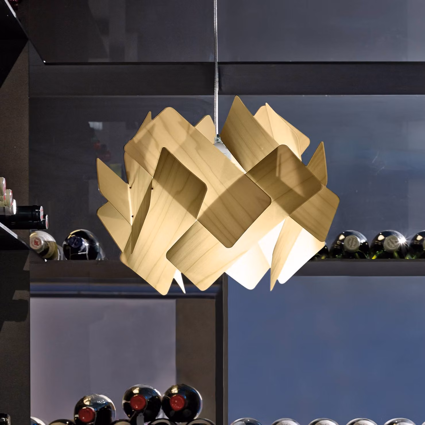 LZF LAMPS Lampada a sospensione Escape, dimmerabile, Crema / Ambra, Soggiorno / Sala da pranzo, Legno, Design, Lampada a sospensione