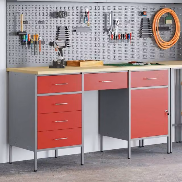 Set di 3 mobili da lavoro vidaXL in legno ingegnerizzato e acciaio, colore rosso – 1