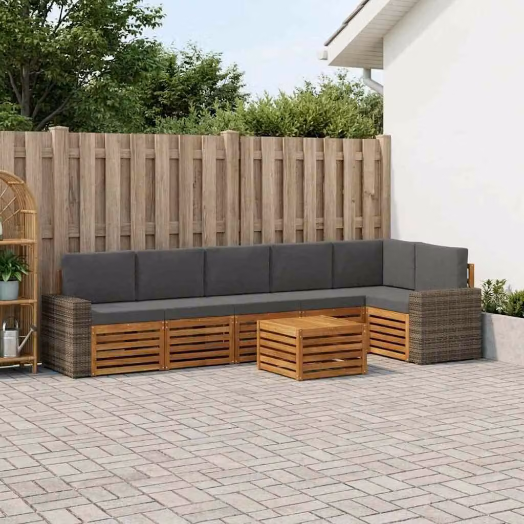 vidaXL Set di divani da esterno a L composto da 7 pezzi in legno di acacia con cuscini in poliestere antracite e marrone