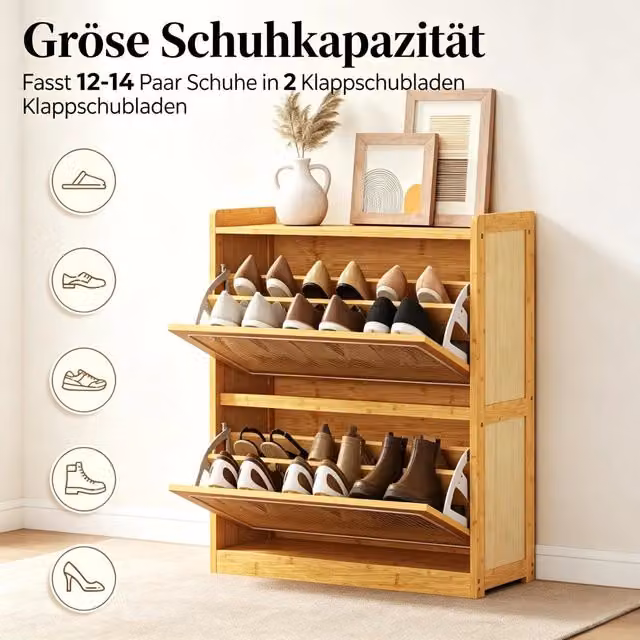 Scarpiera OKWISH in stile scandinavo con 2 ante a ribalta in bambù e rattan, colore beige, per ingresso, L: 69 cm, P: 29 cm, H: 83 cm
