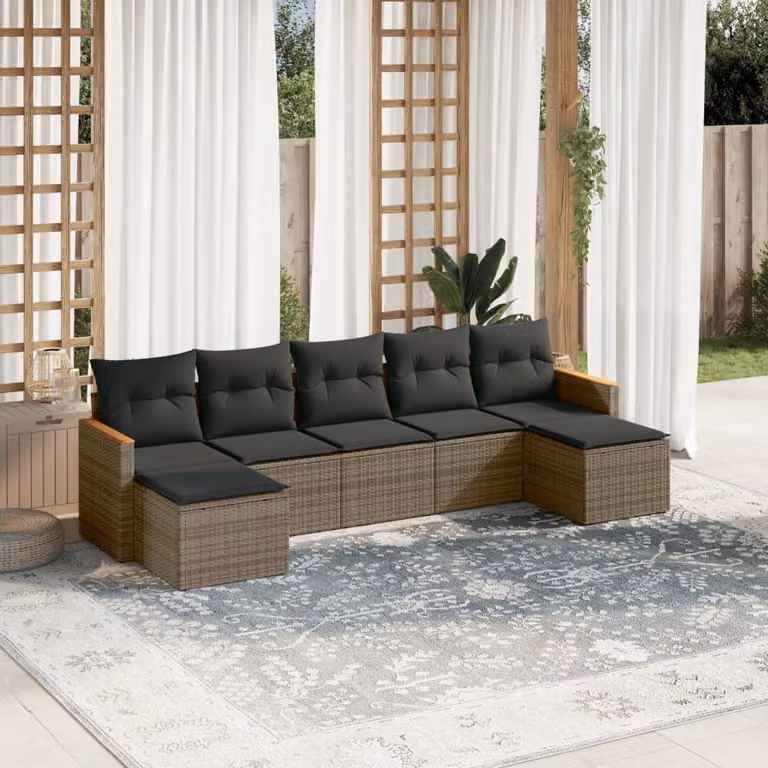 vidaXL Set Divani da Giardino 7 pz in Polyrattan Grigio con Cuscini Imbottiti e Coperture Rimosse