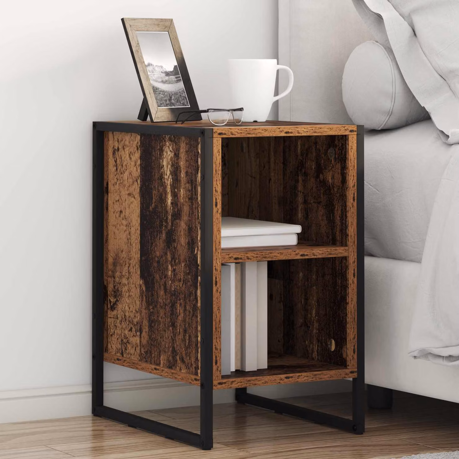 Comodino in stile industriale vidaXL in legno vecchio e metallo, colore marrone, L 39,5 cm x P 30 cm x H 50 cm