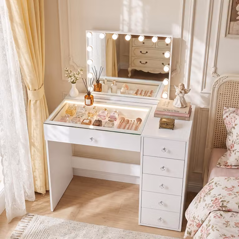 VANITII: Tavolino da trucco con specchio illuminato, 6 cassetti, bianco, 92 x 55 x 127 cm