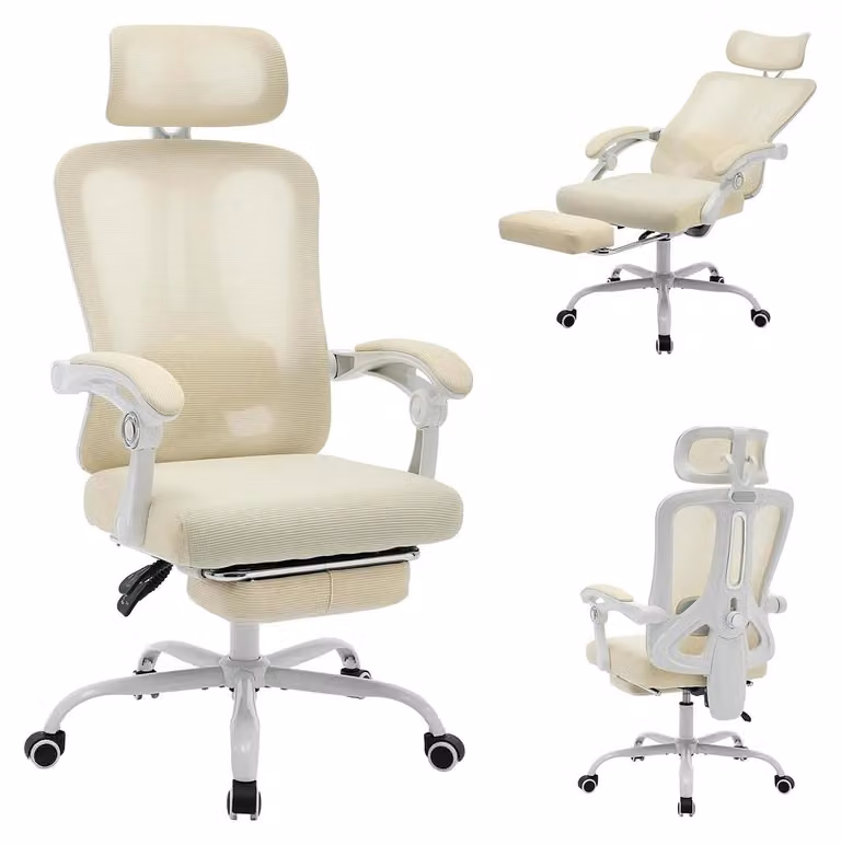 Sedia da ufficio ergonomica - Sedia girevole in rete - Schienale alto - Regolabile in altezza - Poggiatesta - Poggiapiedi - Girevole a 360° - Rotelle - Beige