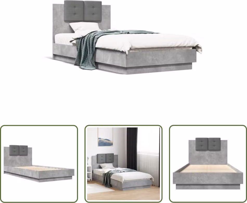 The Living Store Giroletto con testiera in cemento grigio 90x190 cm Materiale a base di legno